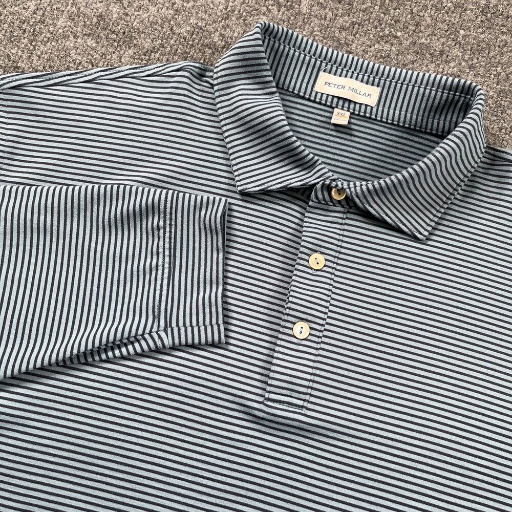 Peter Millar Men’s XXL Blue Navy Striped Long Sleeve Polo Shirt Golf